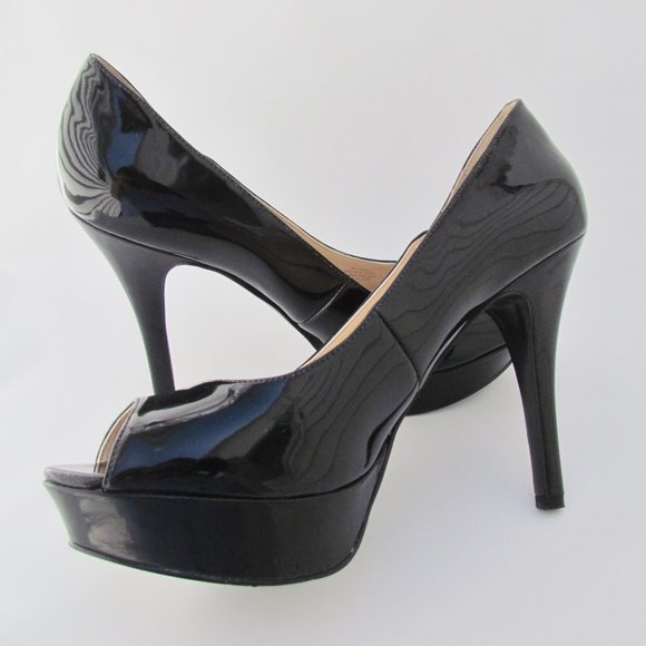 Marc Fisher Tumble 3 BLACK PLATFORM PUMPS Peep Toe Patent Look Heels 9 M - Picture 9 of 11